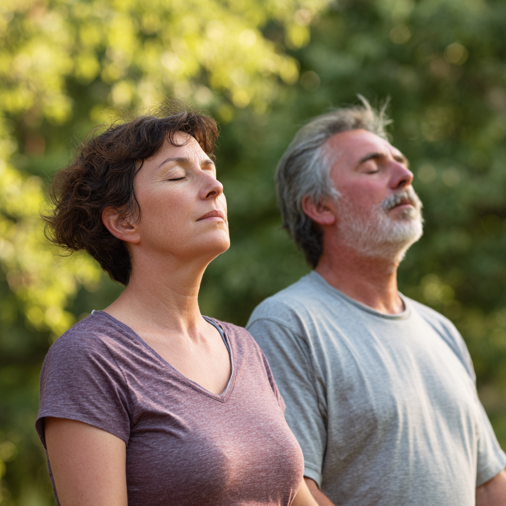 Спокойна жена от България практикува йога поза на открито сред зеленина, усмихната и съсредоточена