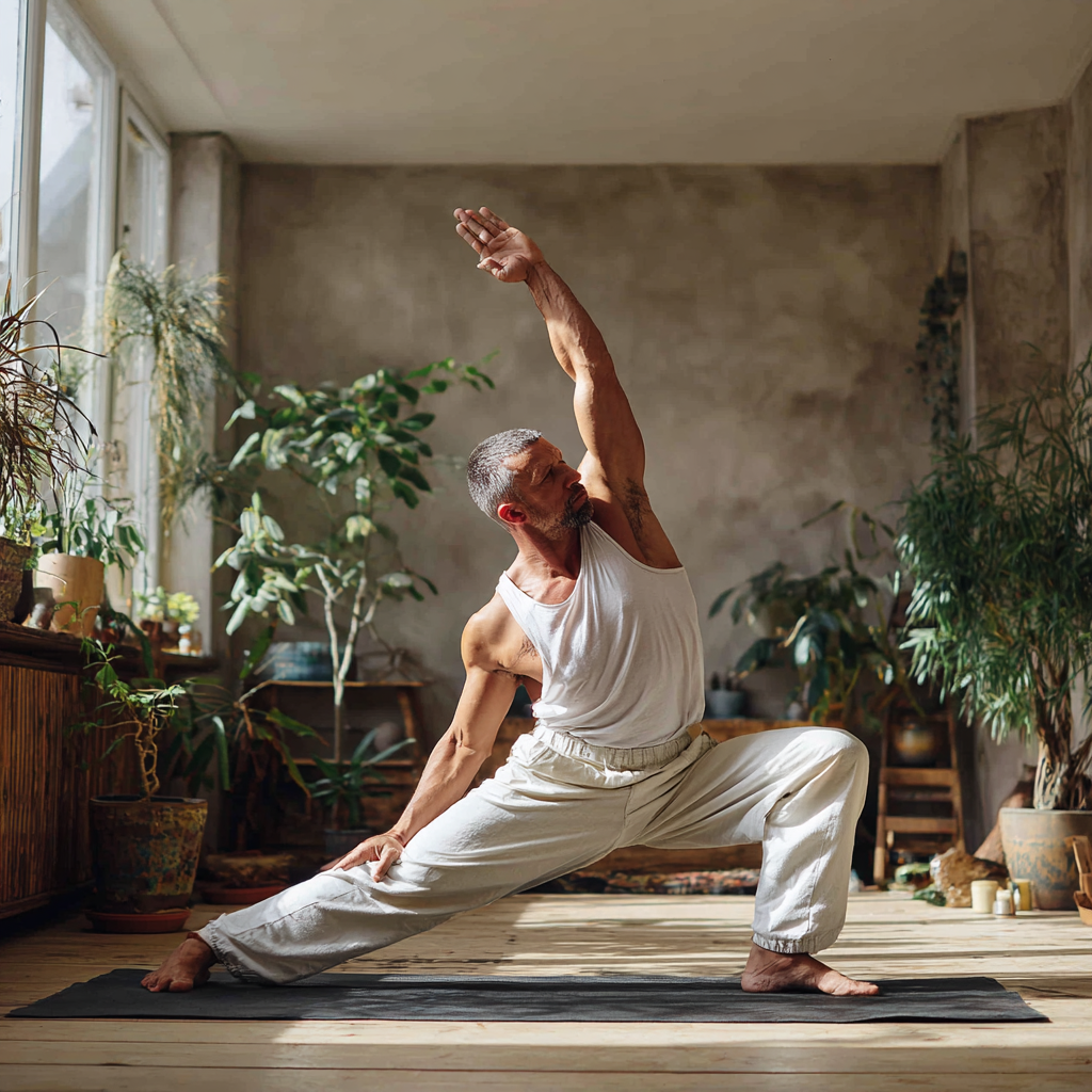 Мъж от България на средна възраст практикува йога стойки, демонстрирайки гъвкавост и сила на ставите