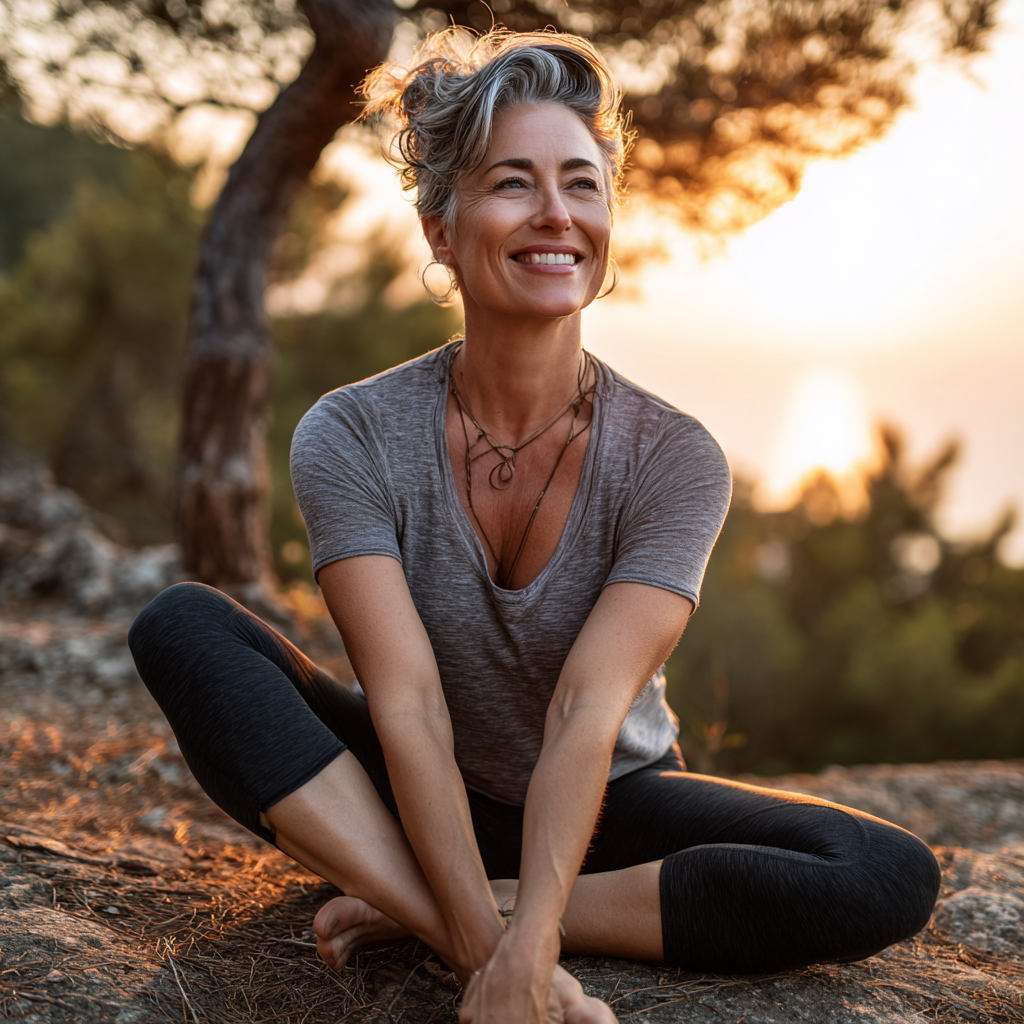 Група хора от различни възрасти от България практикуват йога заедно в светла зала, всички усмихнати и съсредоточени